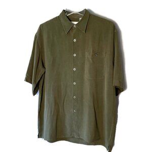 Bill Blass 100% Silk Med Mens Casual Button Front Short Sleeve Shirt Olive Green